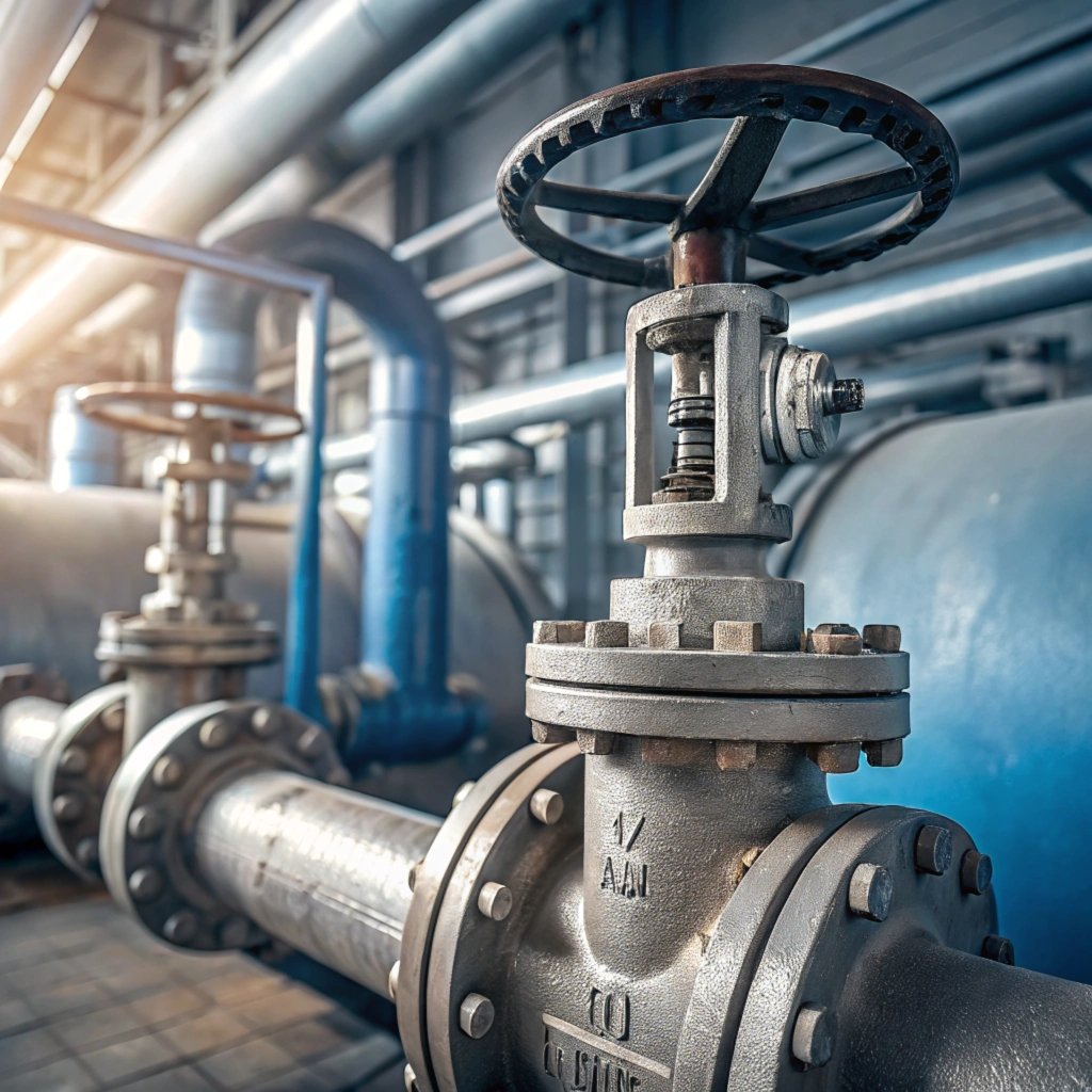 Industrial valve in a piping system, close-up of metal valve in factory setting
