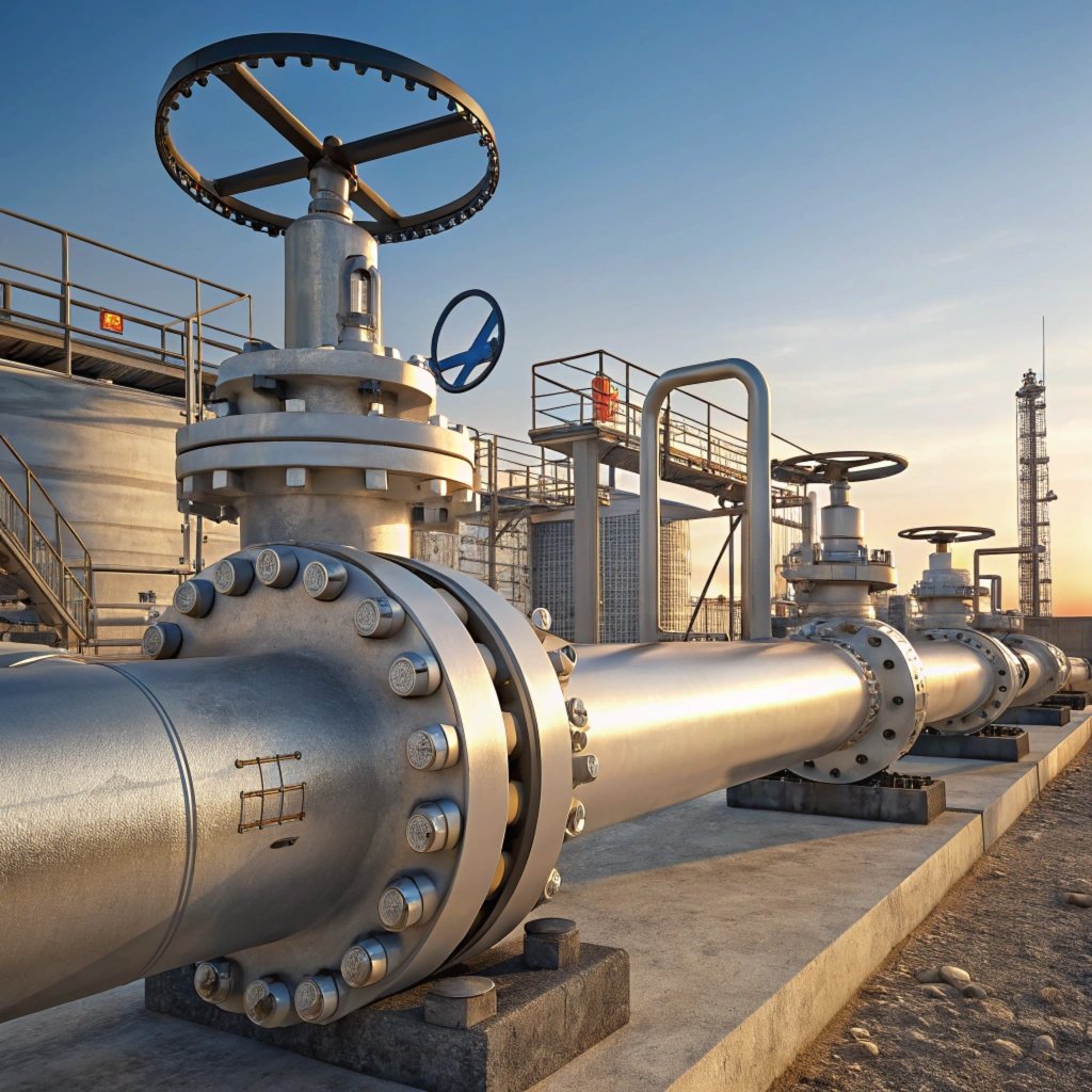 Large stainless steel valve in an outdoor industrial pipeline system, durable and corrosion-resistant