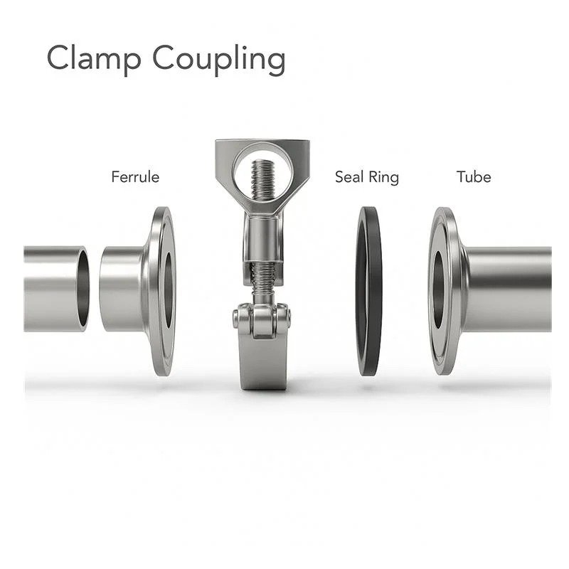 Stainless steel sanitary tri clamp coupling showing ferrule, seal ring, clamp, and tube for hygienic pipe connections in food, beverage, dairy, and pharmaceutical industries