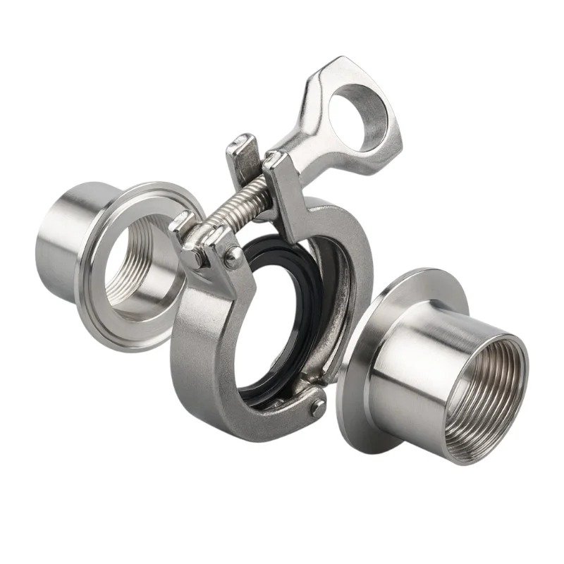 Stainless steel sanitary tri-clamp fittings with ferrules, gasket, and clamp for hygienic piping systems