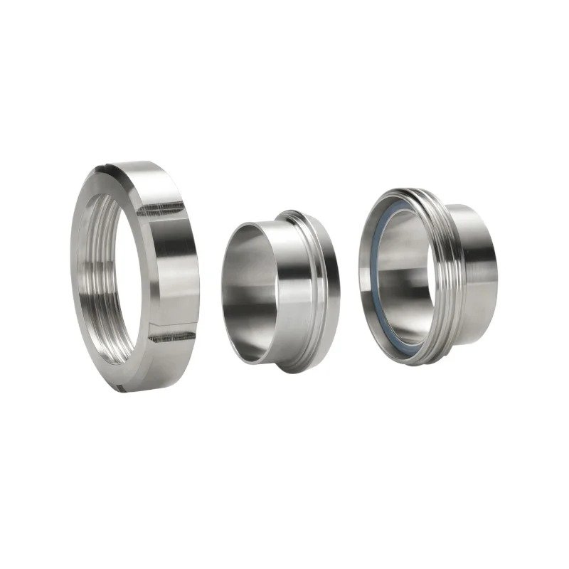Stainless steel sanitary unions with nut, liner, and male end for hygienic piping connections