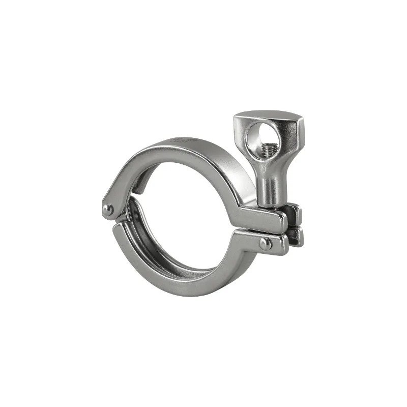 Stainless steel tri-clamp for sanitary fittings, hygienic clamp used to secure ferrules, gaskets, and adapters in food and beverage piping systems