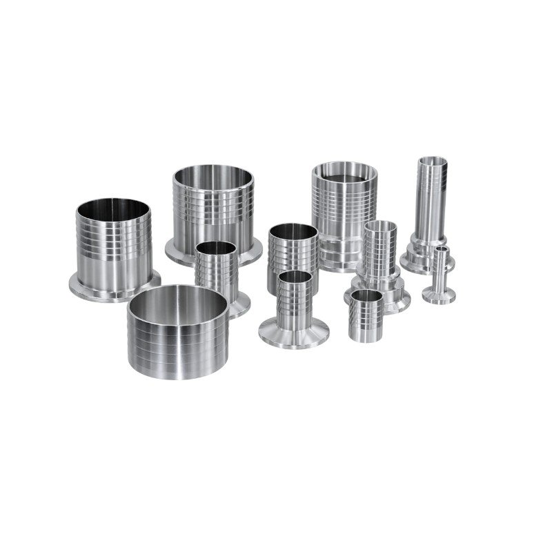 Different types of stainless steel sanitary hose couplings including hose tails, hose ferrules, and tri-clamp hose adapters for hygienic food, beverage, dairy, brewery, and pharmaceutical applications
