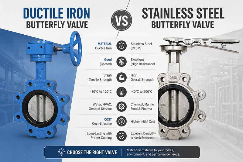 butterfly valve materials stainless steel ductile iron pvc comparison